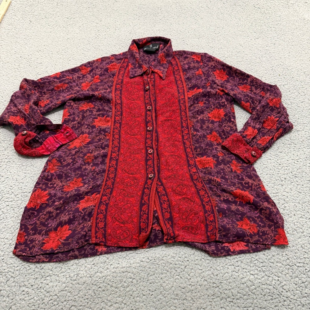 Carole Little Blouse Top Womens L Purple Red Floral Paisley Rayon Button Down